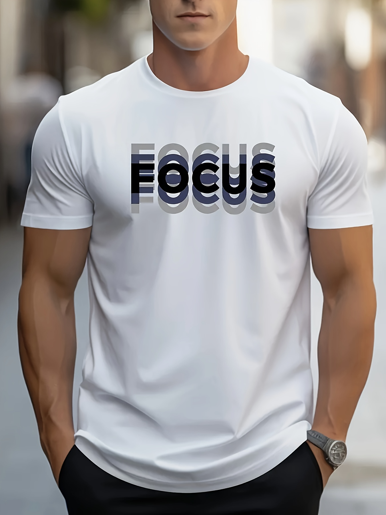 Men's Graphic T-Shirt Focus Overlapping Shadowed Black Lettering Typography Word