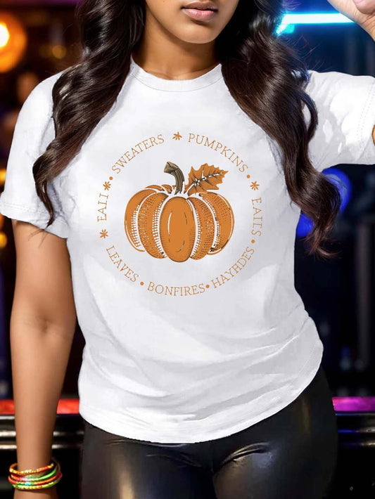 Women's Graphic T-Shirt Spiced Autumn Leaves With Cozy Harvest Orange Pumpkin