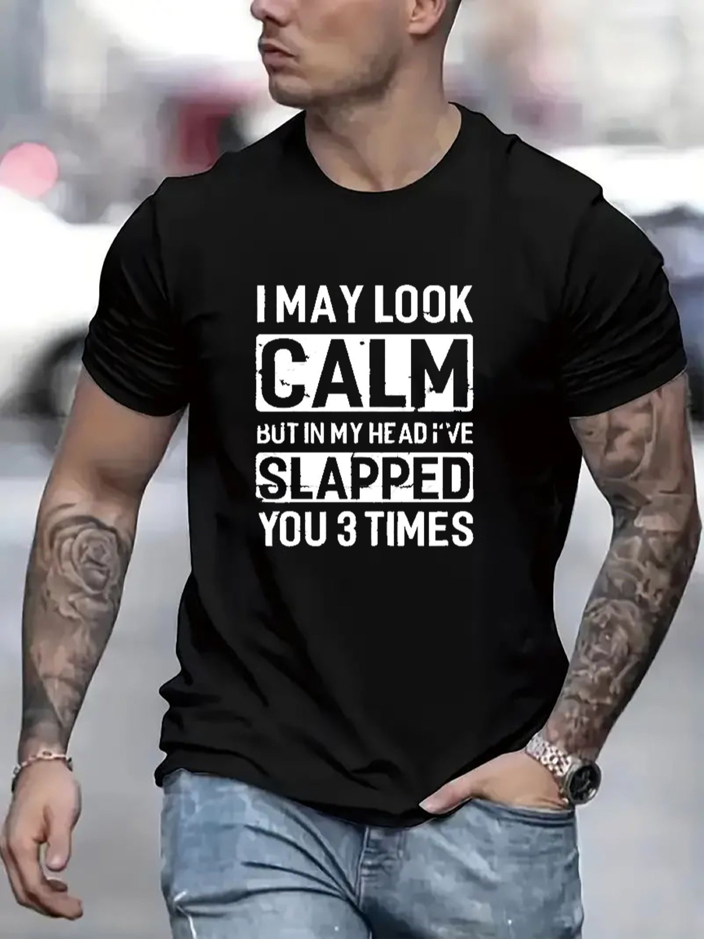 Men's Graphic T-Shirt I May Look Calm With Bold Text Lined Across Black Cotton T Shirt
