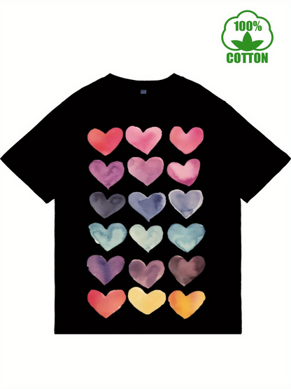Men's Graphic T-Shirt Colorful Watercolor Patterned Hearts In Neat Rows Heart