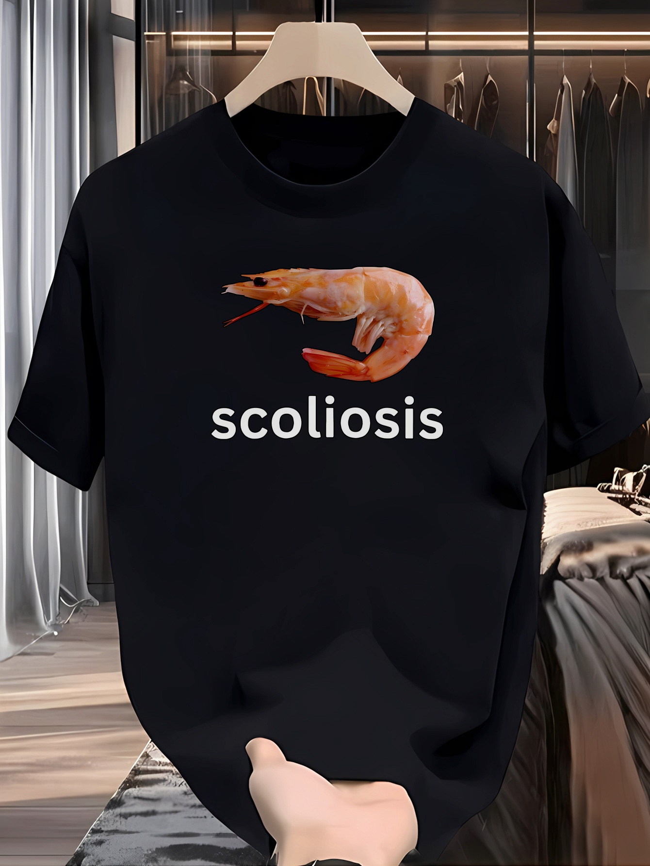 Men's Graphic T-Shirt Scoliosis With Curved Orange Shrimp On Black T Shirt