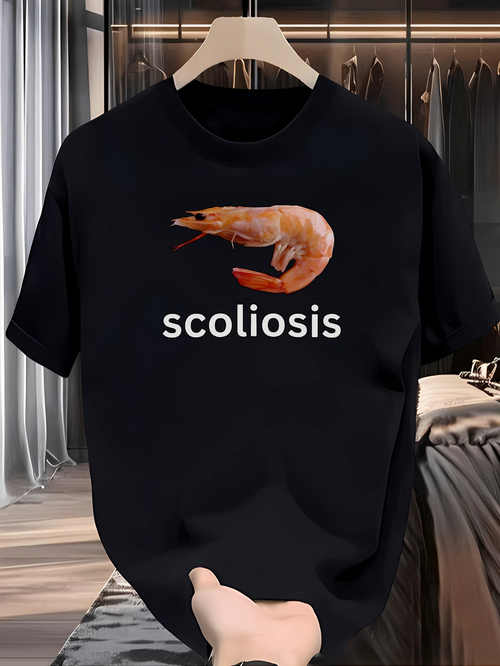 Men's Graphic T-Shirt Scoliosis With Curved Orange Shrimp On Black T Shirt