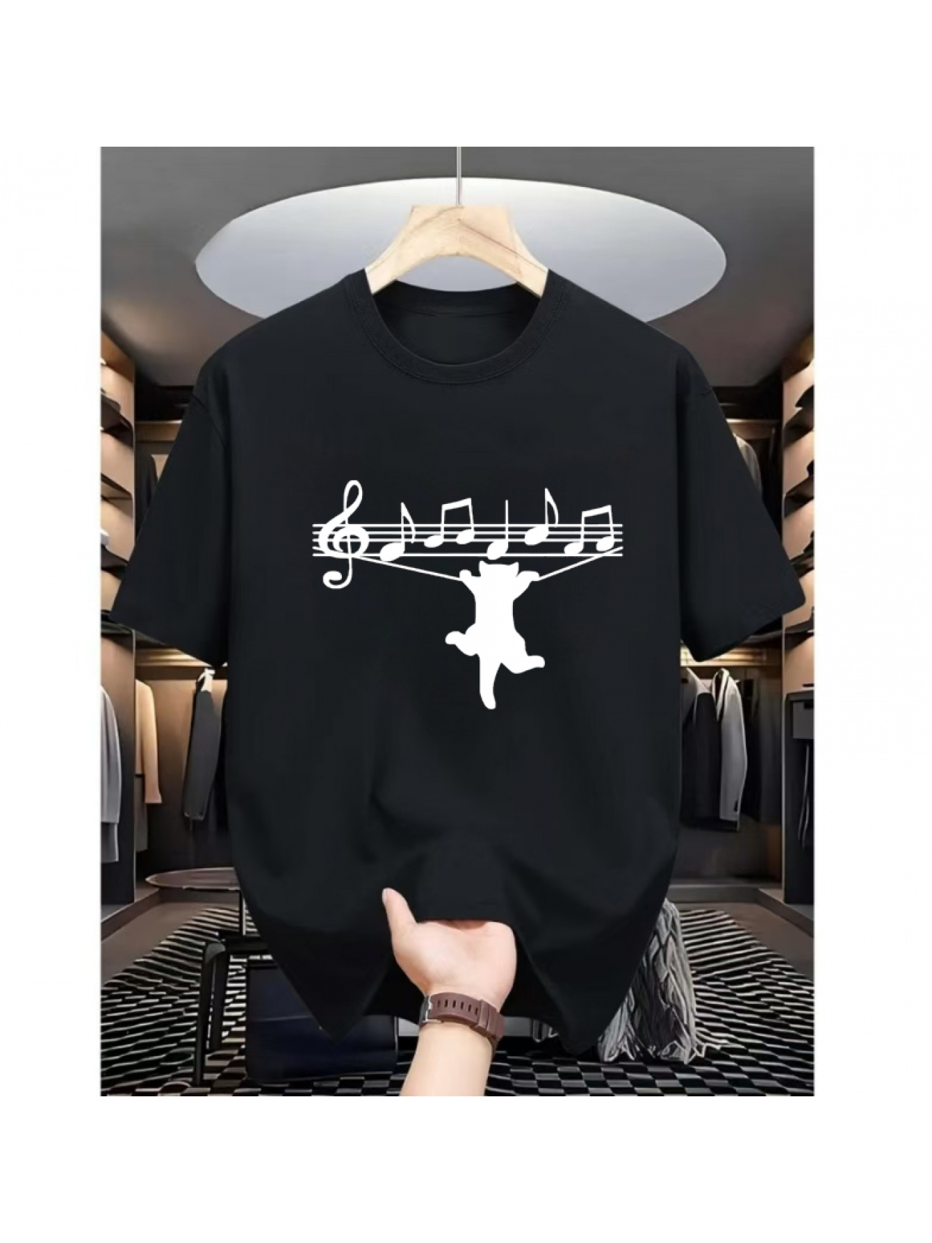 Men's Graphic T-Shirt Musical Notes And Dancing Cat Balancing Gracefully Under Sheet Music Cat