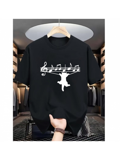 Men's Graphic T-Shirt Musical Notes And Dancing Cat Balancing Gracefully Under Sheet Music Cat