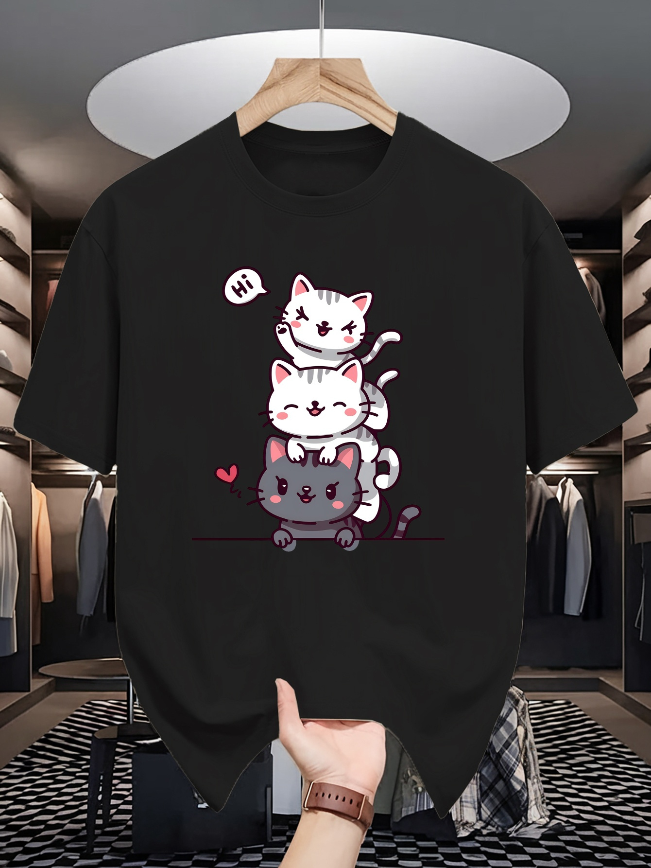 Men's Graphic T-Shirt Hi Playful White And Black Cartoon Cats Graphic Cat