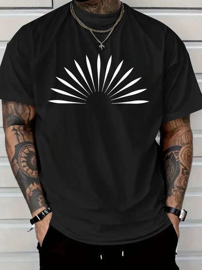 Men's Graphic T-Shirt Radiating White Sunburst Pattern Against Solid Black Fabric Sun