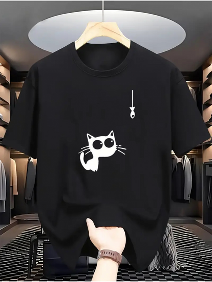 Men's Graphic T-Shirt Suspended Toy Mouse Above Playful Curious Cat