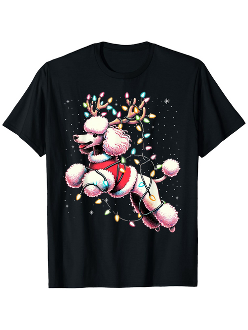 Men's Graphic T-Shirt Playful Pink Poodle Wearing Holiday Scarf And String Lights Poodle