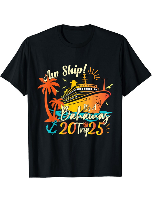 Men's Graphic T-Shirt Aw Ship Bahamas With Colorful Cruise Ship And Palm Tree Sunset