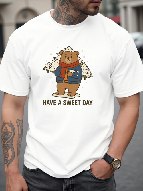 Men's Graphic T-Shirt Have A Sweet Day Cozy Bear Among Winter Pine Trees Forest