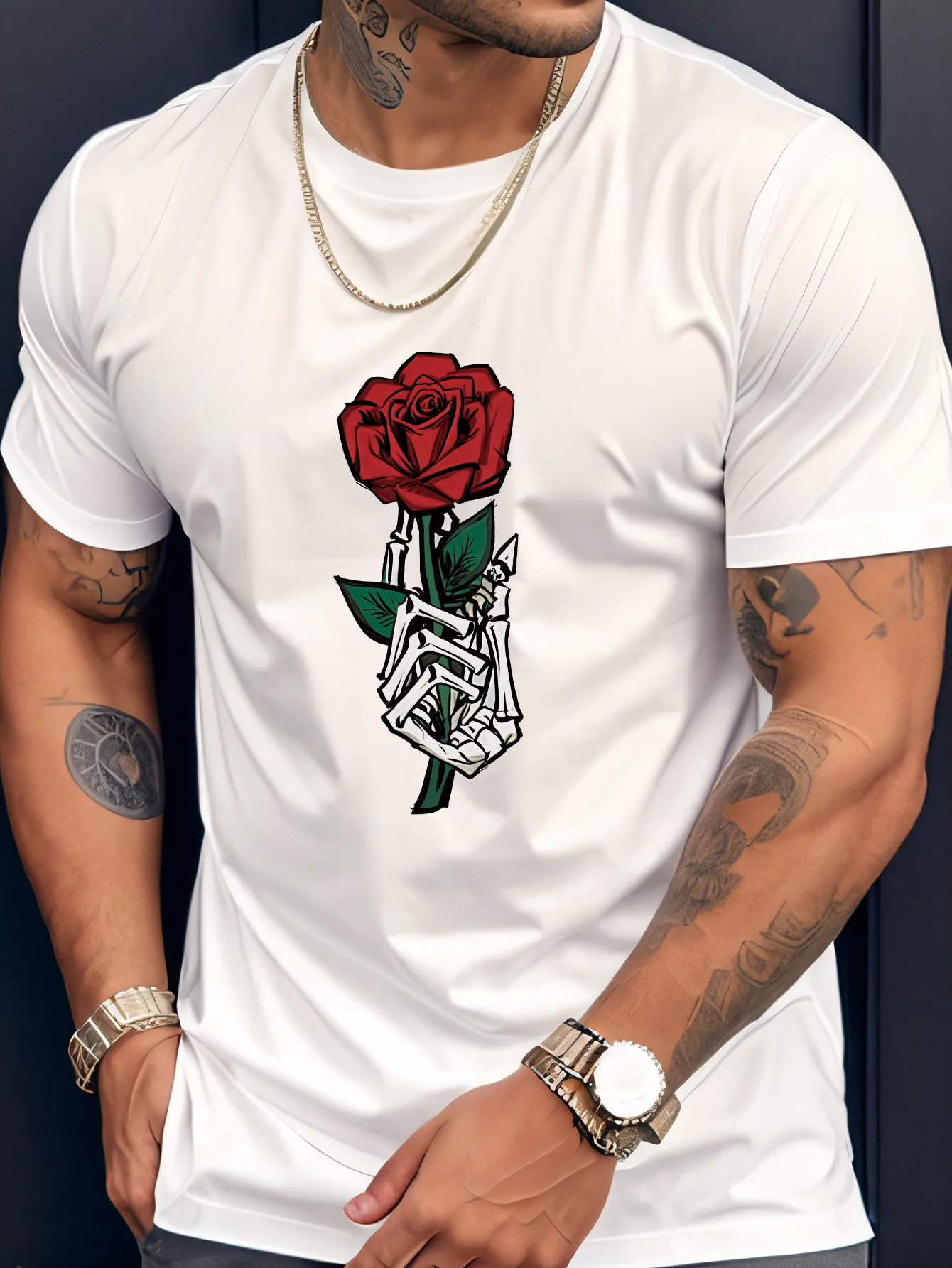 Men's Graphic T-Shirt Detailed Skeleton Hand Grasping A Blooming Red Rose Flower