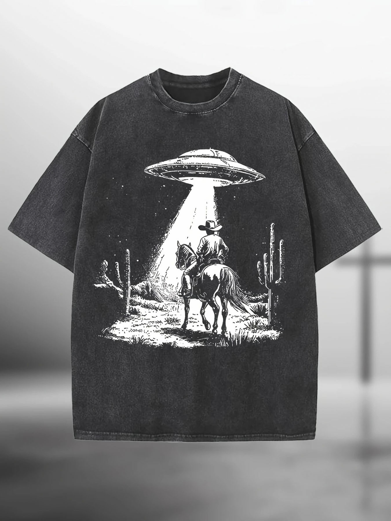 Men's Graphic T-Shirt Desert Scene With Cactus And Shining Light Over UFO Cowboy