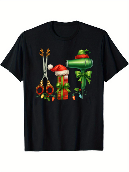Men's Graphic T-Shirt Festive Christmas Scissors Ribbon Bow And Wrapped Gift Box