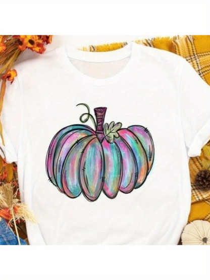 Men's Graphic T-Shirt Watercolor Pastel Stripes And Leaves Surrounding Autumn Pumpkin