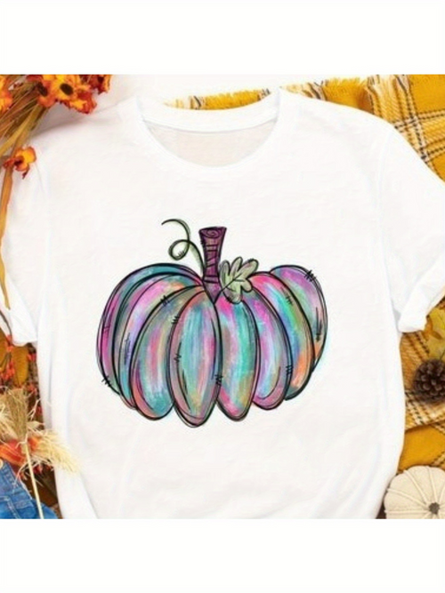 Men's Graphic T-Shirt Watercolor Pastel Stripes And Leaves Surrounding Autumn Pumpkin