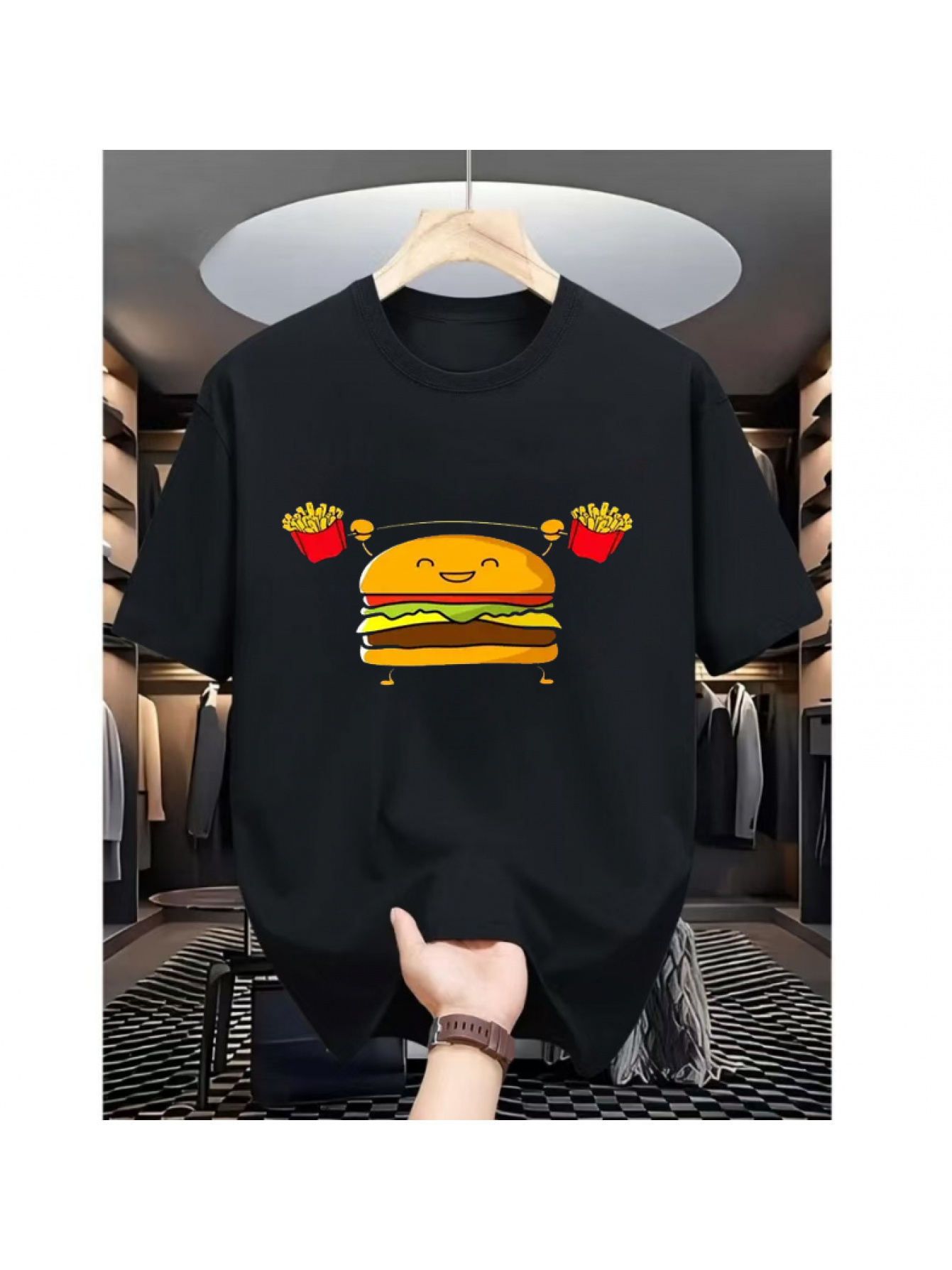 Men's Graphic T-Shirt Funny Smiling Face Burger With French Fries Surrounded By Cartoon Fast Food Hamburger
