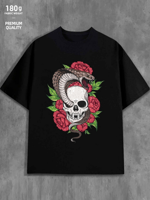 Men's Graphic T-Shirt Mystic Roses With Coiling Serpent Around Skull