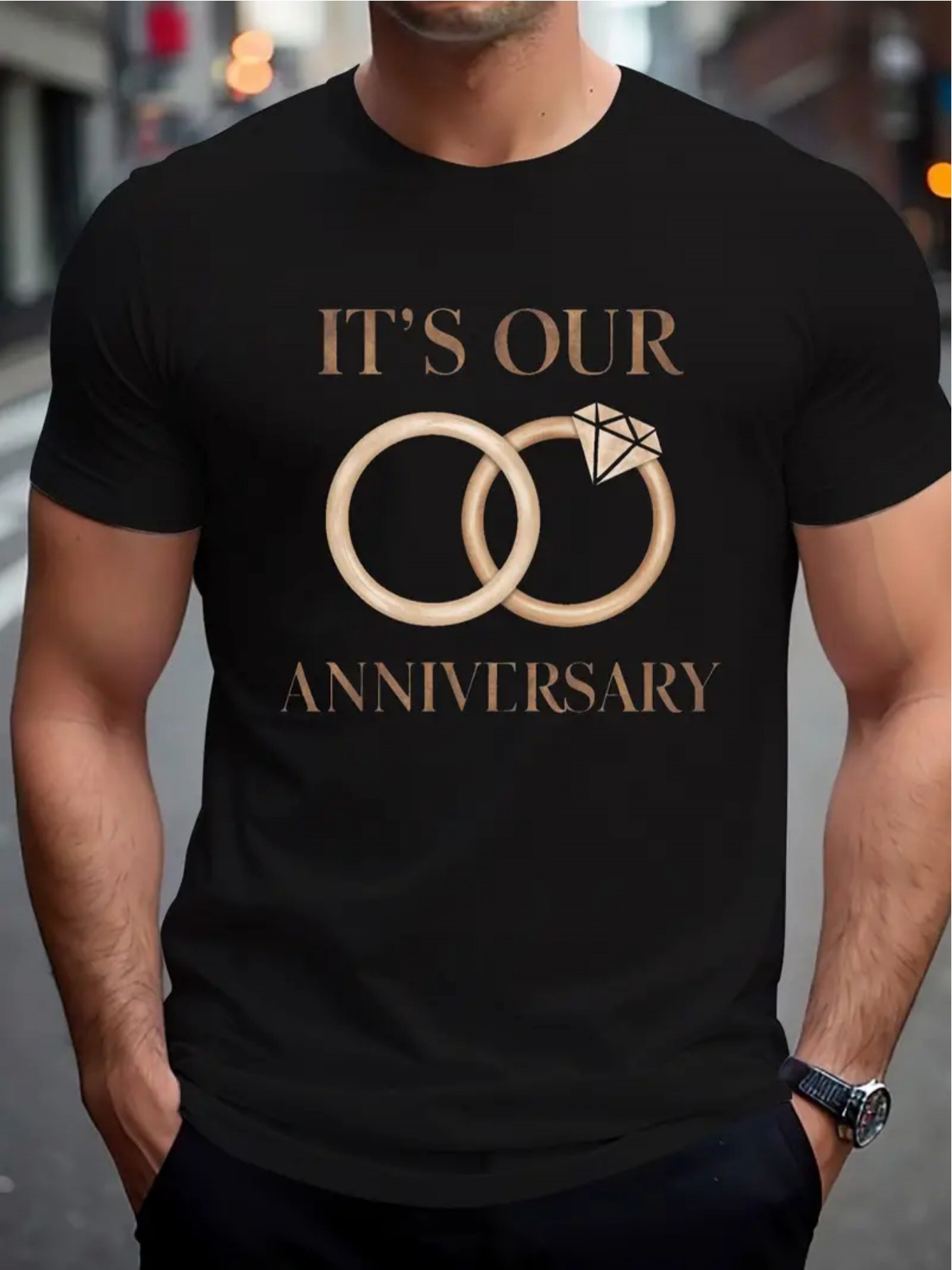 Men's Graphic T-Shirt Its Our Anniversary Interlocking Golden Rings With Sparkling Diamond Ring