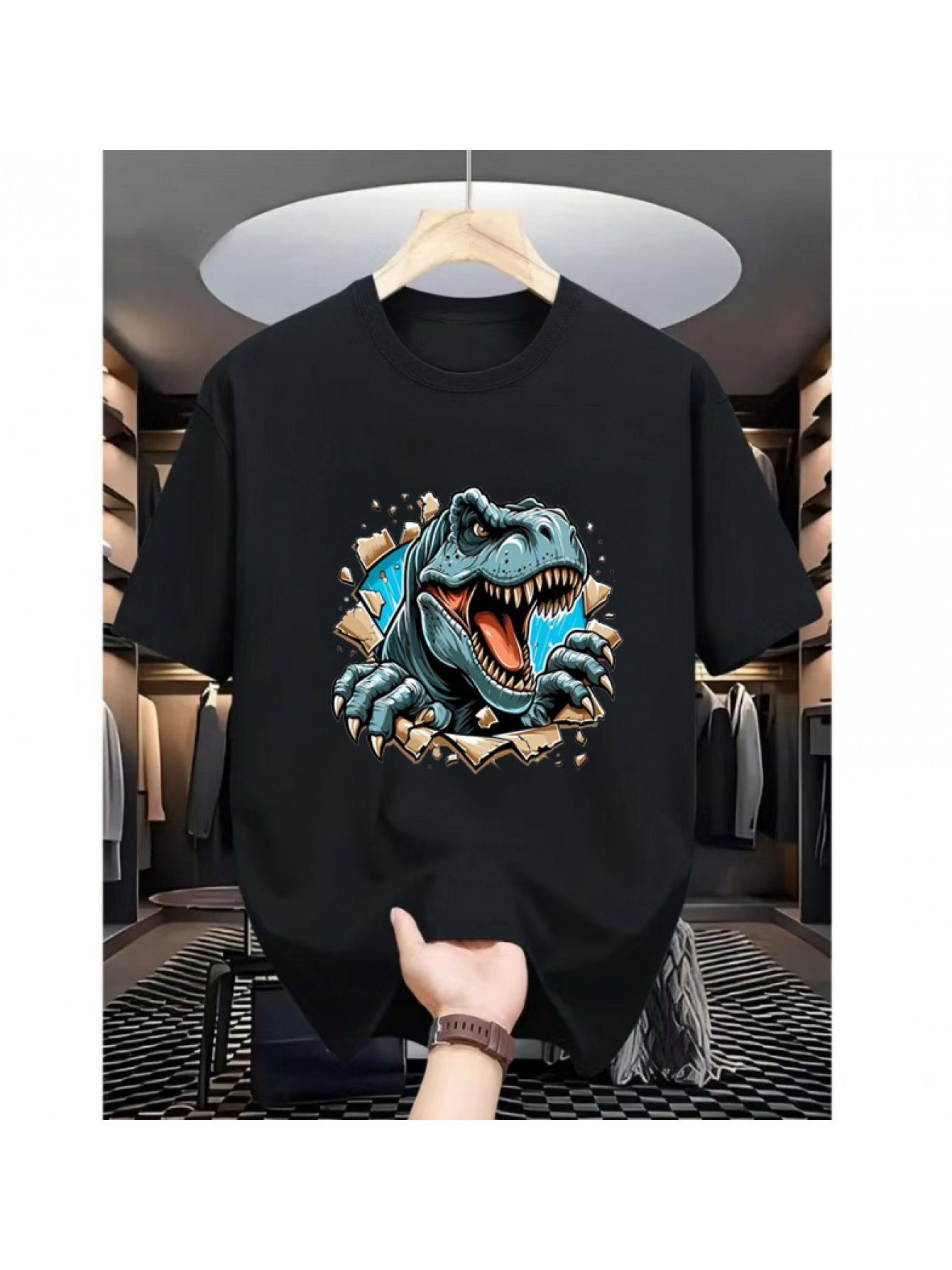 Men's Graphic T-Shirt Cartoon Fierce Dinosaur Breaking Through Stone Wall T Rex