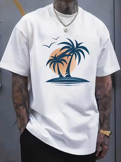 Men's Graphic T-Shirt Sunset Beach Scene With Palm Trees Birds And Distant Horizon
