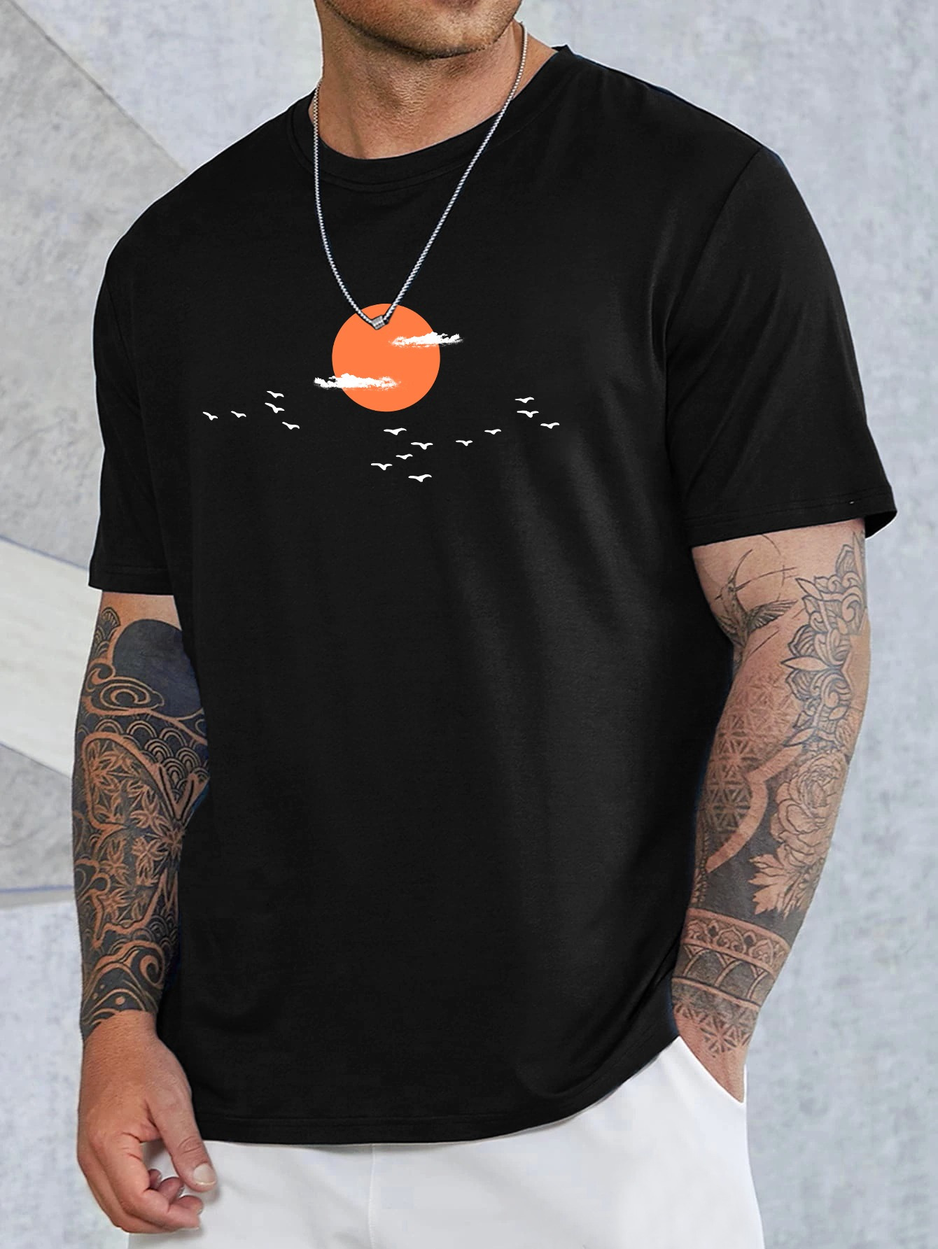 Men's Graphic T-Shirt Flock Of Birds With Orange Sunset Under Cloudy Sky Sun