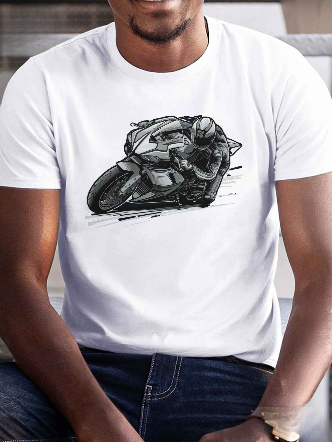 Men's Graphic T-Shirt Dynamic Racer Drawing With Intense Speed Among Urban Silence Motorcycle