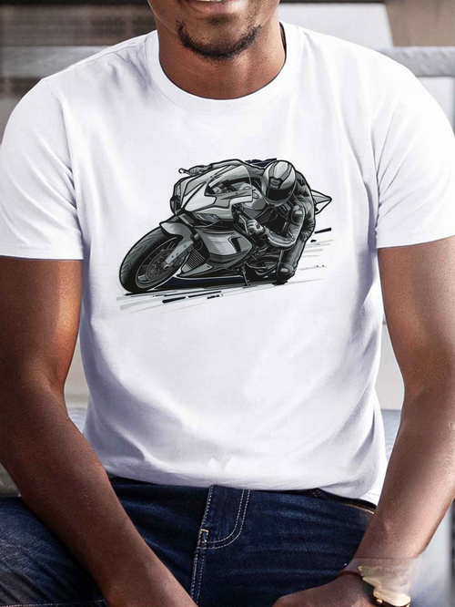Men's Graphic T-Shirt Dynamic Racer Drawing With Intense Speed Among Urban Silence Motorcycle