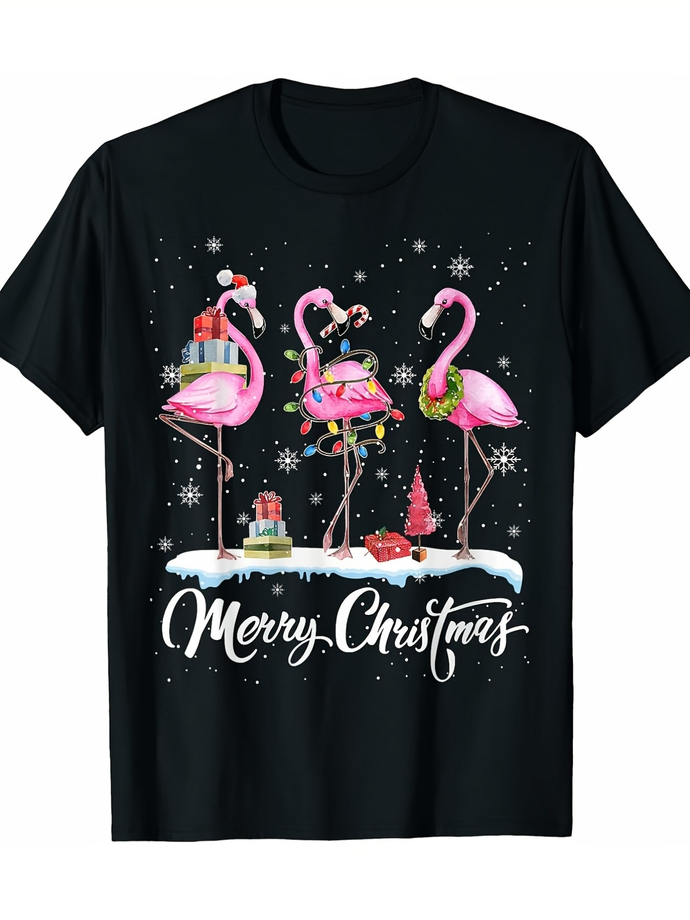 Men's Graphic T-Shirt Merry Christmas With Pink Flamingos Wearing Santa Hats On Snowy Night
