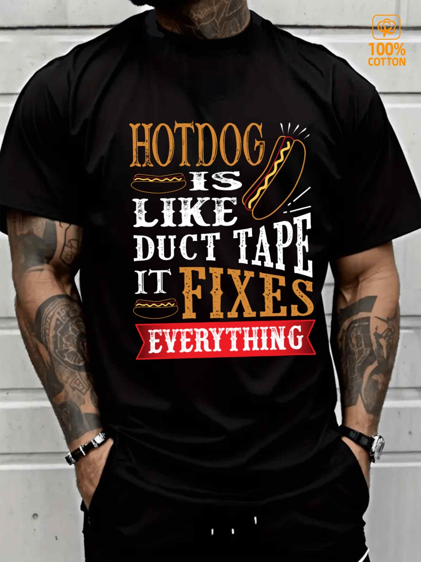 Men's Graphic T-Shirt Hotdog Is Like Duct Tape It Fixes Everything With Playful Sausage Graphic In Bold Letters Hotdog