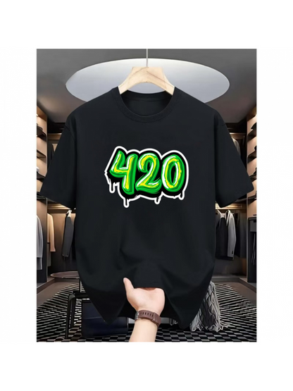 Men's Graphic T-Shirt Glowing Neon Green Numbers With Painted Dripping Street Style 420