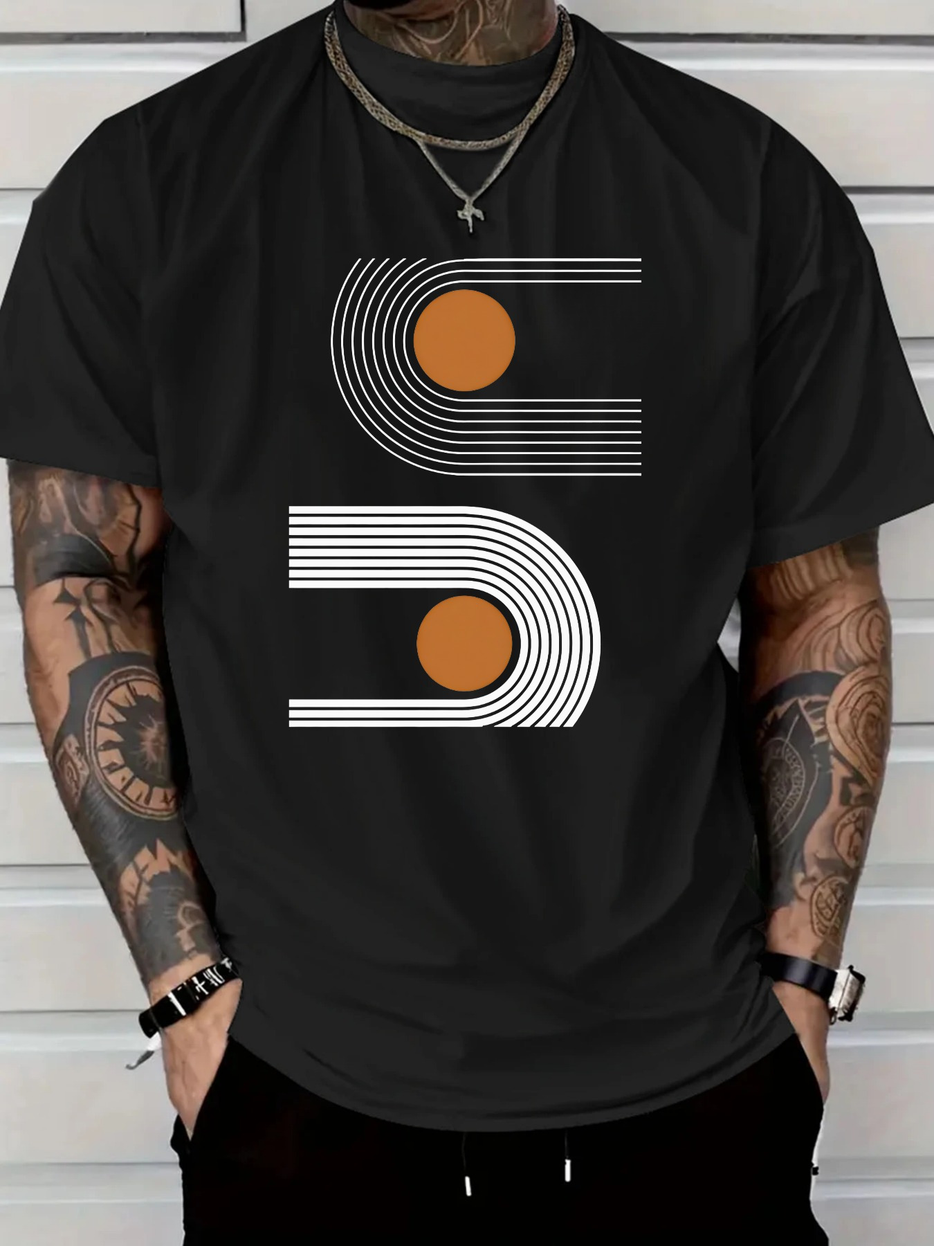Men's Graphic T-Shirt Minimalist Retro Circles With Geometric White Lines Orange Dot Design