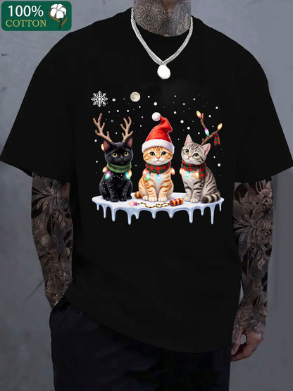 Men's Graphic T-Shirt Christmas Snowfall With Three Festive Cats Wearing Hats Antlers And Scarves