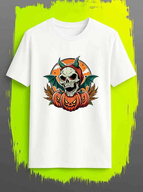Men's Graphic T-Shirt Spooky Halloween Night With Skull Bat And Carved Pumpkin