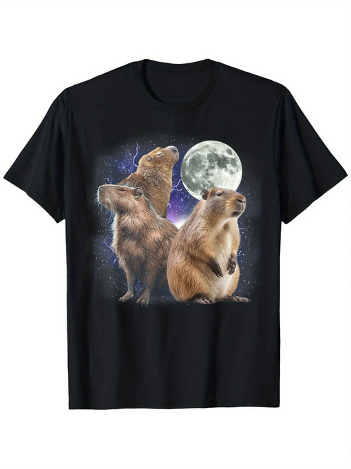 Men's Graphic T-Shirt Shining Full Moon Surrounded By Blue Stars With Capybara Under Night Sky