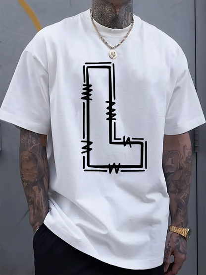 Men's Graphic T-Shirt Barbed Wire Graphic Letter L Symbol Monochrome White T Shirt