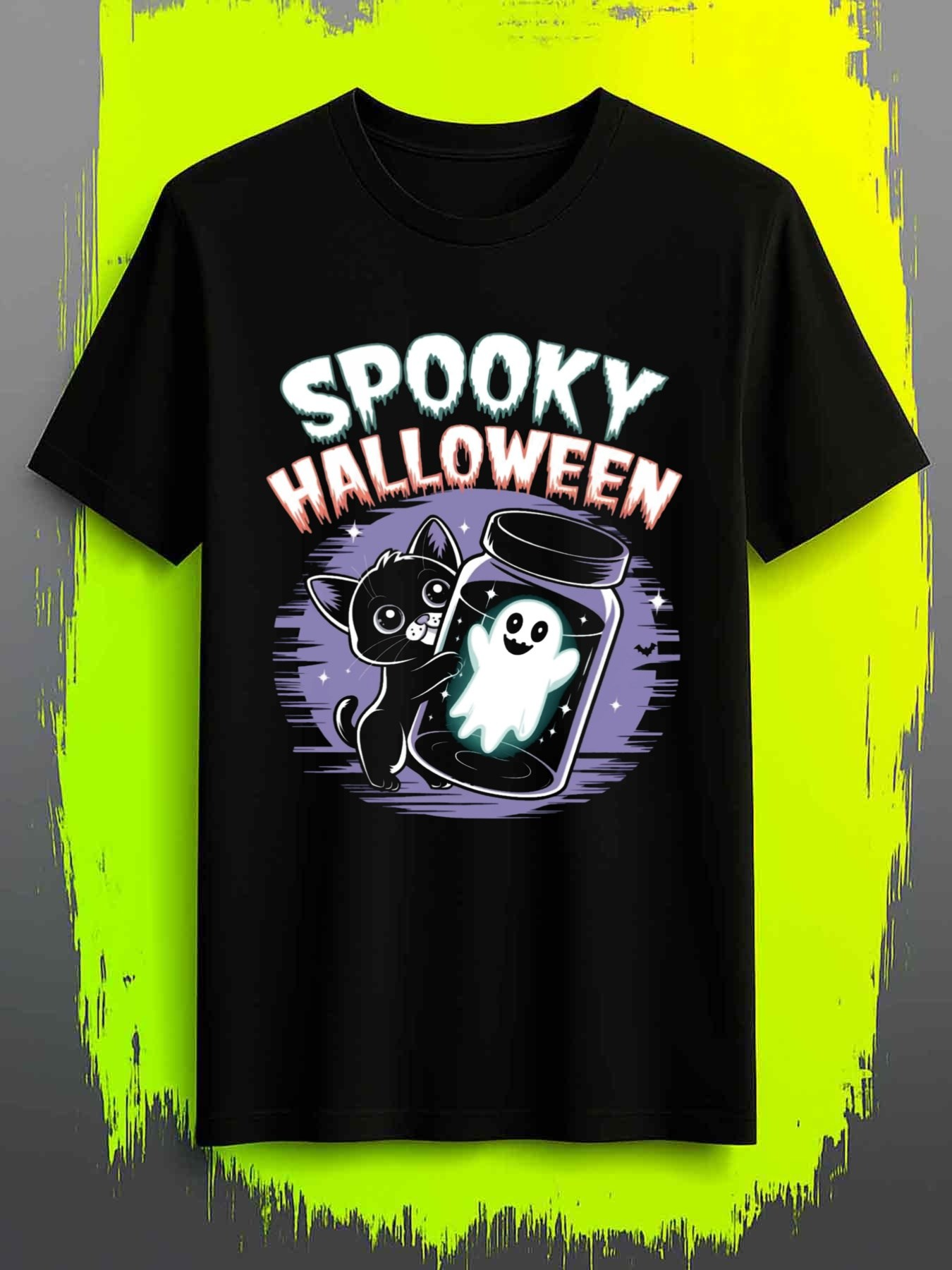 Men's Graphic T-Shirt Spooky Halloween Curious Black Cat And Glowing Ghost In A Jar