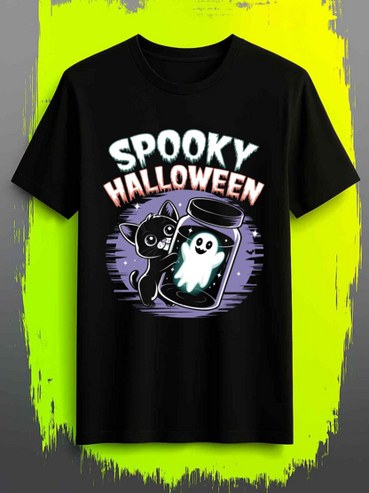 Men's Graphic T-Shirt Spooky Halloween Curious Black Cat And Glowing Ghost In A Jar