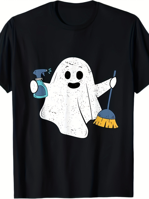 Men's Graphic T-Shirt Charming Playful Cartoon Ghost With Spray Bottle And Broom Smiling Ghost