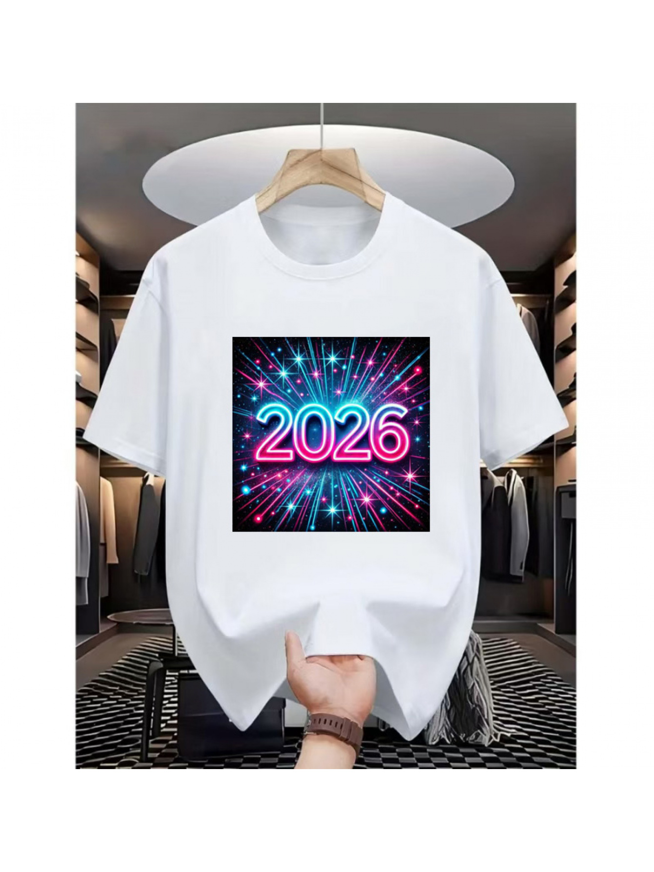 Men's Graphic T-Shirt Neon Light Rays Bursting With Sparkles Under Dark Night Year 2026