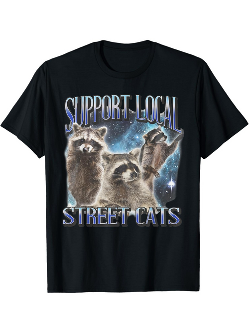 Men's Graphic T-Shirt Support Local Street Cats Under Night Sky With Playful Standing Raccoons