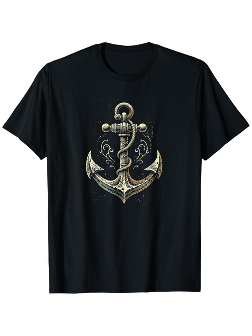 Men's Graphic T-Shirt Vintage Nautical Charm With Metallic Texture And Rope Detail Anchor