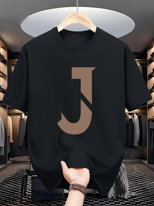 Men's Graphic T-Shirt Large Simple Letter J Design On Black T Shirt