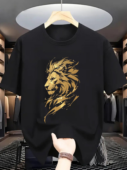 Men's Graphic T-Shirt Golden Artistic Brush Strokes Forming Proud Majestic Lion Head