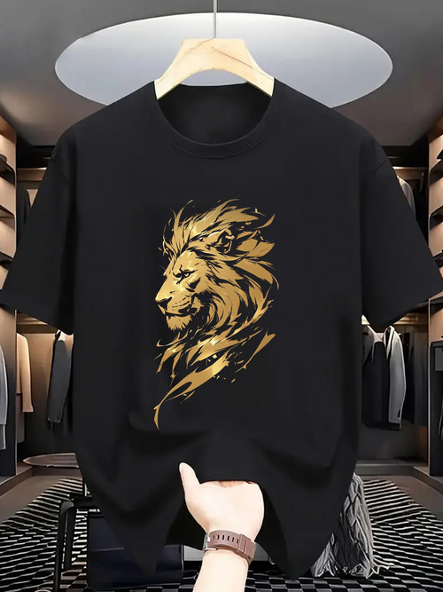 Men's Graphic T-Shirt Golden Artistic Brush Strokes Forming Proud Majestic Lion Head