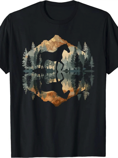 Men's Graphic T-Shirt Majestic Forest Landscape With Mountains Reflected In Still Water Horse
