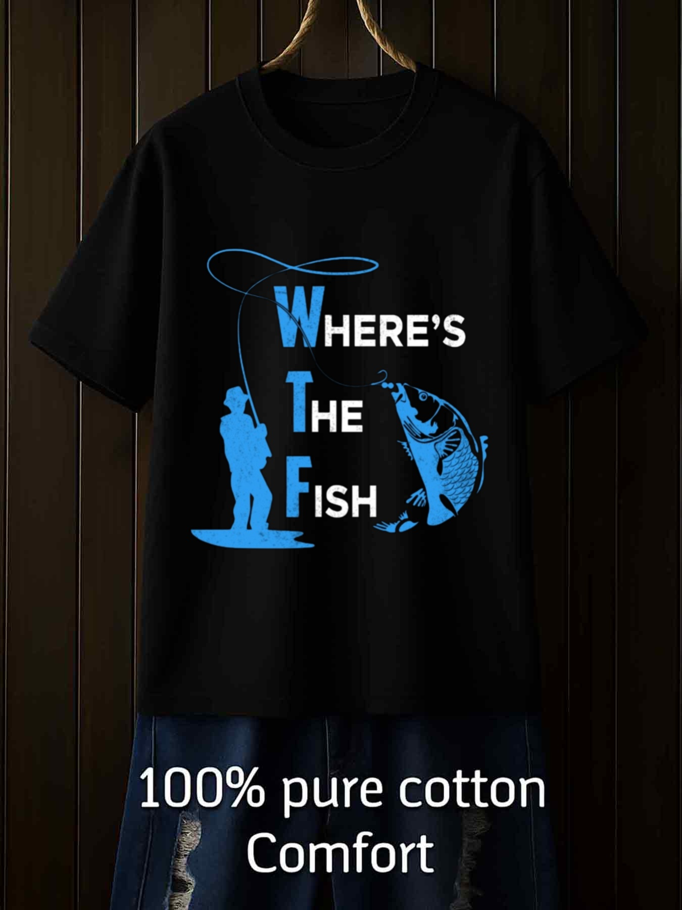 Men's Graphic T-Shirt Wheres The Fish Playful Cartoon Fisher With Leaping Bass