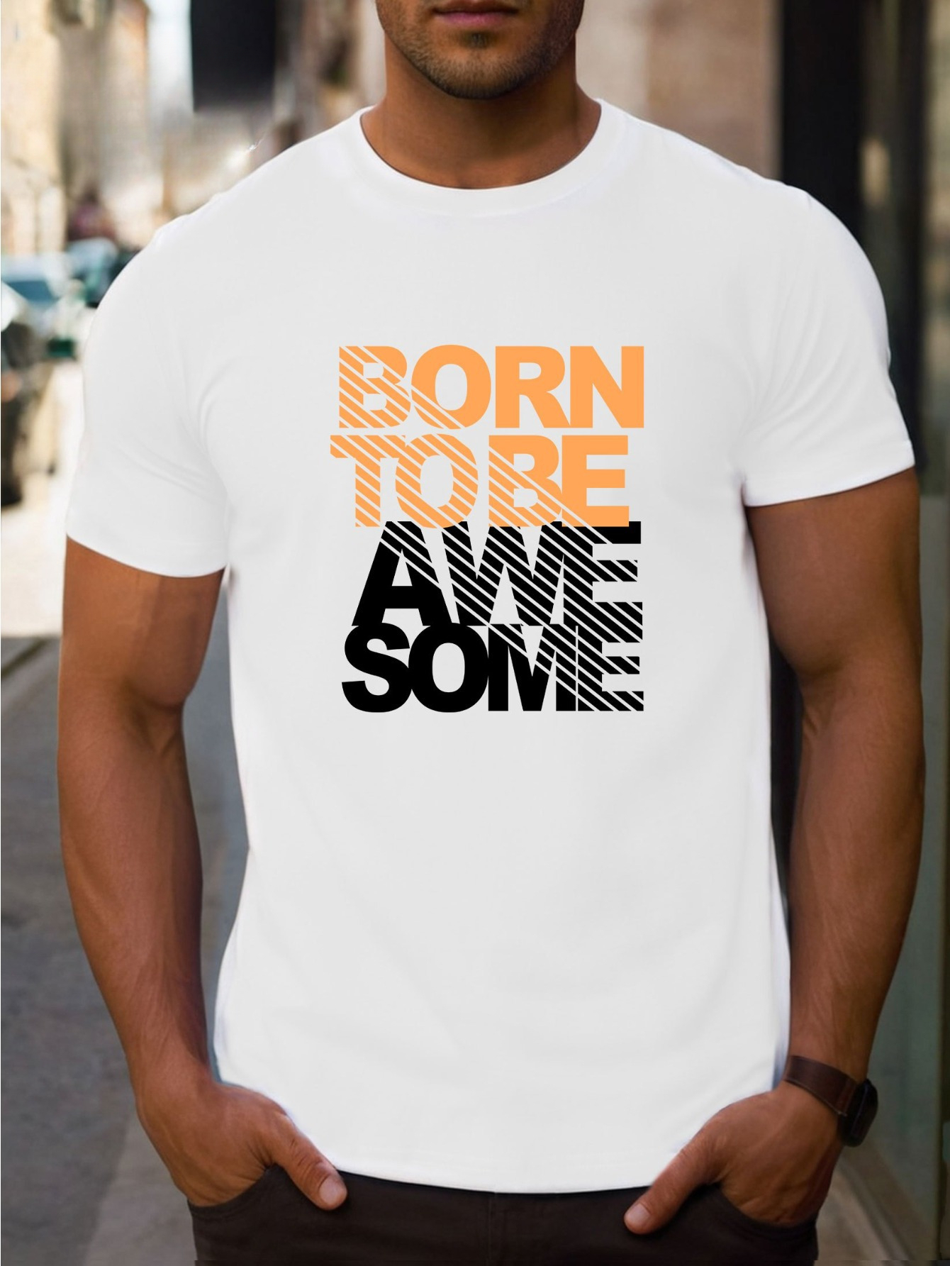 Men's Graphic T-Shirt Born To Be Striped Modern Letters On Urban White T Shirt