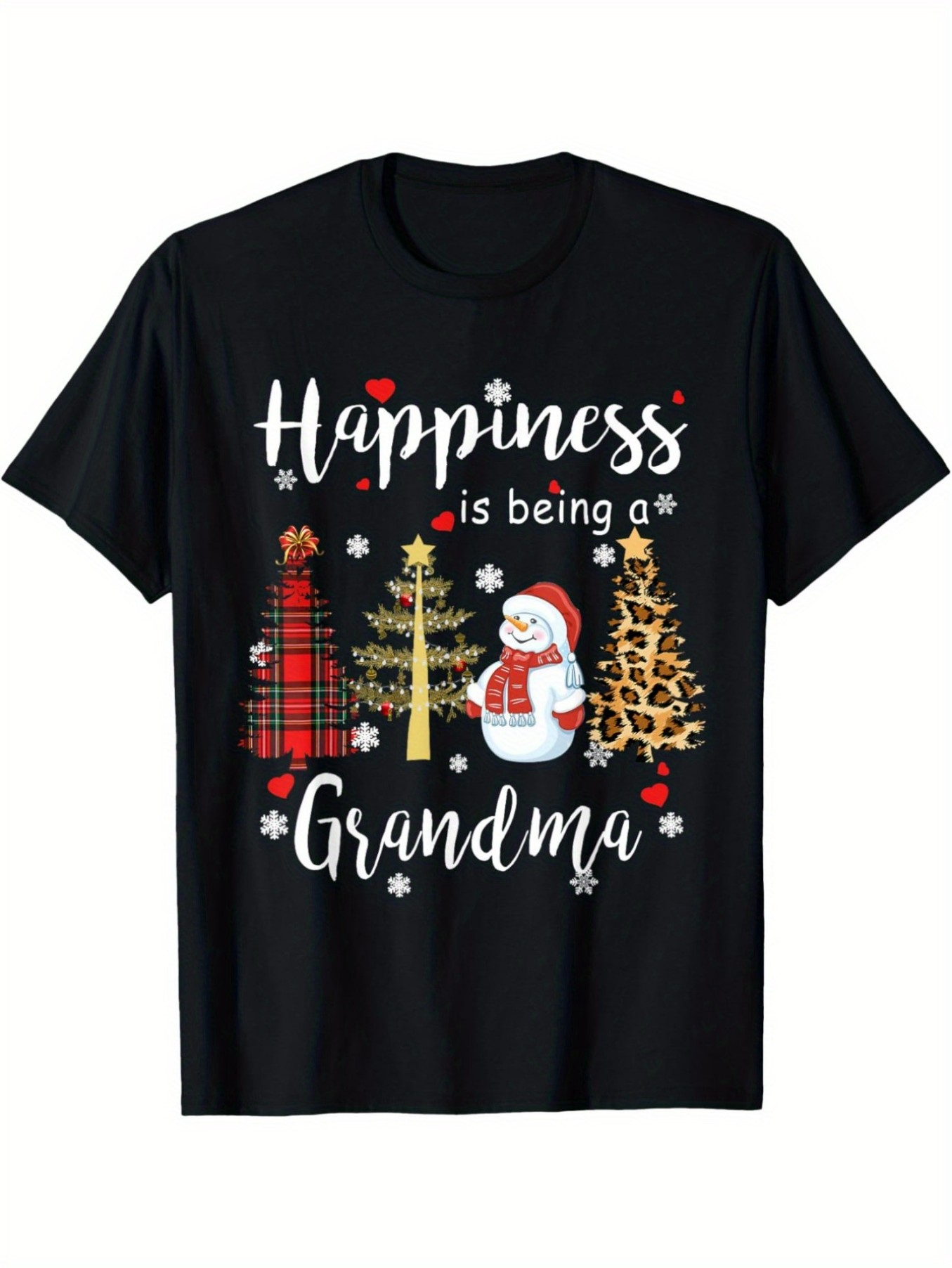 Men's Graphic T-Shirt Happiness Is Being A Grandma With Snowflakes Christmas Trees And Playful Snowman