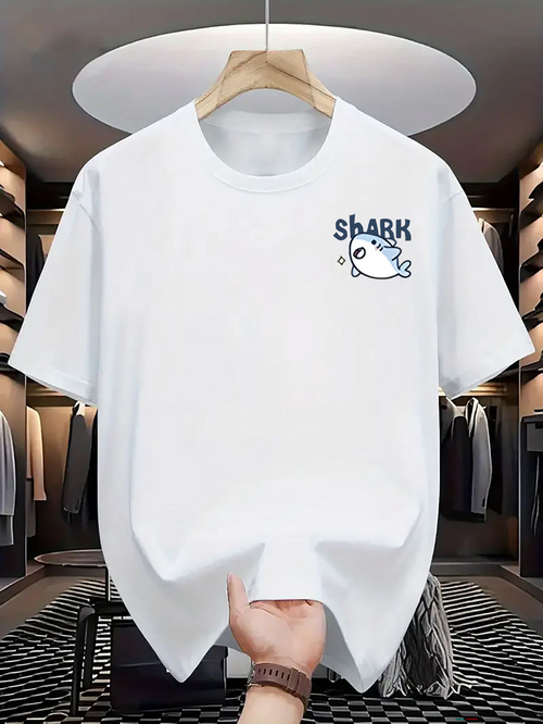 Men's Graphic T-Shirt Playful Blue Cartoon Underwater Shark With Air Bubbles