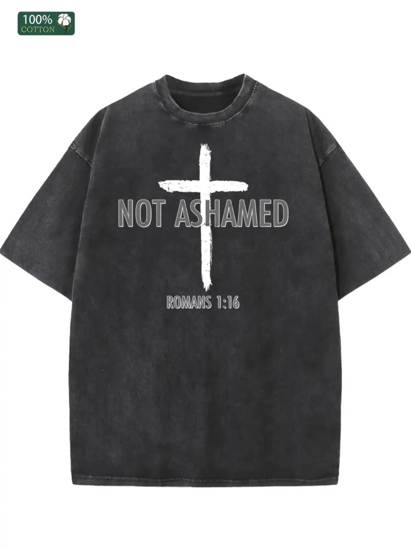 Men's Graphic T-Shirt Not Ashamed White Painted Cross With Textural Distressed Washed Black Fabric T Shirt